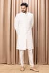 Ankit V Kapoor_Ivory Cotton Embroidery Thread Fahad Leaves Sherwani Set _Online_at_Aza_Fashions