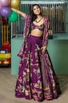 Irrau by Samir Mantri_Purple Dupion Printed And Hand Embroidered Tropical Vine Plunge Round Lehenga Set _Online_at_Aza_Fashions