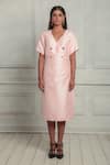 Couche_Pink Tussord Tweed Woven Plain V Neck Midi Dress  _Online_at_Aza_Fashions