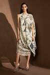 Abhishek Sharma_White Poly Georgette Printed Geometric Asymmetric Overlap Draped Dress  _Online_at_Aza_Fashions