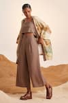 Cord_Beige Linen Print Woods Cape Open And Crop Top Square June & Pant Set _Online_at_Aza_Fashions