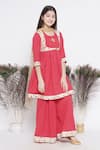 Little Bansi_Red Cotton Hand Embroidered Floral Frock Kurta Sharara Set _Online_at_Aza_Fashions