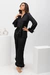 Dawn And Dusk_Black Silky Satin Collared Neck Pearl Feather Detailed Shirt And Pant Set _Online_at_Aza_Fashions