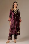 Buy_Anantaa by Roohi_Wine Velvet Embroidered Floral Notched Kurta _at_Aza_Fashions