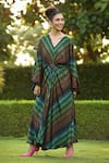 Shilpi Gupta_Multi Color Armani Satin Printed Stripe V Neck Maxi Dress  _Online_at_Aza_Fashions