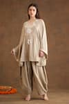 Nikasha_Beige Rayon Beads, Embroidery V-neck Yoke Kaftan Top And Baggy Pant Set _Online_at_Aza_Fashions