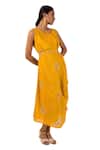 Meghna Shah_Yellow Denim, Silk Beads, Stones Embroidered And Draped Cowl Dress With Belt _Online_at_Aza_Fashions