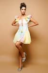 Ahi Clothing_Multi Color Organza Hand Painted Square Neck Ruffle Sleeve Dress _Online_at_Aza_Fashions