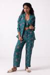 Label Shreya Sharma_Green Linen Print Floral Lapel Collar Jacket With Pant _Online_at_Aza_Fashions