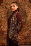 Aditi Gupta_Wine Satin Woven And Embroidered Jamawar Pattern Jacket Open Draped Skirt Set _Online_at_Aza_Fashions