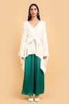Label Ivish_White Silk Satin V-neck Kimono Jacket And Green Trouser Set _Online_at_Aza_Fashions