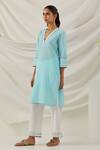 TIC_Blue Cotton Embroidered Chikankari V Neck Kurta Set With Contrast Dupatta _Online_at_Aza_Fashions