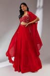 Neha Khullar_Red Chiffon Embroidery Mirror Cape Open Border Lehenga Set _Online_at_Aza_Fashions