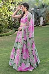 SANAM_Green Pure Silk Printed And Hand Embroidered Bloom Flower Giselle Lehenga Set _Online_at_Aza_Fashions