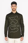 Lacquer Embassy_Green 100% Cotton Embroidery Abstract Line Blake Shirt  _Online_at_Aza_Fashions