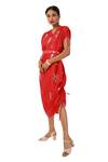 Meghna Shah_Red Silk Beads, Stones V-neck Hand Embroidered Draped Cowl Dress _Online_at_Aza_Fashions