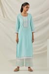 TIC_Blue Cotton Embroidered Butti Round Placed Kurta Palazzo Set _Online_at_Aza_Fashions