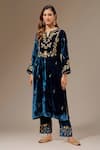 Buy_Anantaa by Roohi_Blue Velvet Embroidered Floral Notched Placement Kurta _at_Aza_Fashions