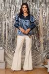 B'Infinite_Blue Satin Spread Collar Metallic Shirt And Trouser Set_Online_at_Aza_Fashions