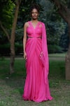 ZWAAN_Pink Chiffon Plain V Neck Draped Bodice Gown  _Online_at_Aza_Fashions