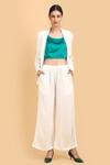 Label Ivish_Off White Satin, Organza, , Lapel Collar Blazer Flared Trouser Set _Online_at_Aza_Fashions