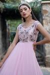 Buy_Keerthi Kadire_Pink Georgette V Neck Embroidered Gown _Online_at_Aza_Fashions