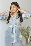 Shop_Garima Bindal_Blue Pure Crepe Printed Marble Collared Neck Shirt And Pant Set _at_Aza_Fashions