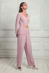 Couche_Pink Punto Woven Plain V Neck Crop Top And Pant Set  _Online_at_Aza_Fashions