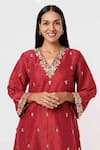Mehak Murpana Red Silk Embroidery V-neck Floral Neckline Kurta And Pant Set Online at Aza Fashions Mehak Murpana_Red Silk Embroidery V-neck Floral Neckline Kurta And Pant Set _Online_at_Aza_Fashions