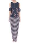 Shop_Soup By Sougat Paul_Blue Crepe Floral, Striped Round Neck Printed Draped Skirt Set _at_Aza_Fashions