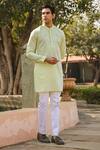 Raw & Rustic By Niti Bothra_Green Linen, Cotton Embroidery Lucknowi Kurta _Online_at_Aza_Fashions
