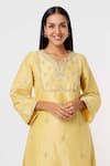 Mehak Murpana_Yellow Silk Embroidery Round Neck Flared Sleeve Kurta And Pant Set _Online_at_Aza_Fashions