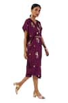 Meghna Shah_Wine Denim Beads, Stones V-neck Embroidered Kaftan Dress With Belt _Online_at_Aza_Fashions
