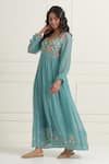 Ikshita Choudhary_Blue Chanderi Embroidered Floral V Neck Sequin Dress _Online_at_Aza_Fashions