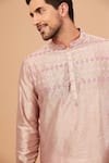 Hilo Design_Beige Cotton, Lycra, Silk Embroidery Florne Mandarin Collar Kurta Set _Online_at_Aza_Fashions
