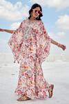 Nikita Vishakha_Pink Georgette Floral Print Kaftan And Flared Pant Set_Online_at_Aza_Fashions