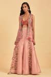 Aum By Asit And Ashima_Pink Silk Embroidery V-neck Sheer Placement Cape Sharara Set _Online_at_Aza_Fashions