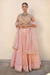 Neha Khullar_Pink Net Woven Geometric Patterns V Neck Flared Bridal Lehenga Set _Online_at_Aza_Fashions