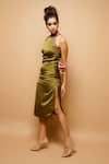 Ahi Clothing_Green Satin Sequin And Beads, Zardozi Halter Neck Dress _Online_at_Aza_Fashions