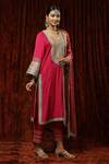 Shikhar Sharma_Pink Silk Chanderi Embroidered Pearl Leaf Neck Kurta Pant Set _Online_at_Aza_Fashions
