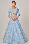Tamaraa By Tahani_Blue Net, Silk Taffeta Cutdana, Sequins V Doris Floral Embellished Lehenga Set _Online_at_Aza_Fashions