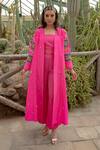 Kacha Tanka_Pink Dupion Art Silk And Cotton Satin Hand Embroidery Flower Motif Jacket Pant Set _Online_at_Aza_Fashions