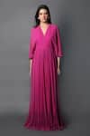 Swatee Singh_Magenta Georgette V-neck Pleated Hem Kaftan Sleeve Gown _Online_at_Aza_Fashions