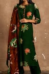 Label Kinjal Modi_Green Silk Voile Embroidery Thread Work Round Placket Kurta Set _Online_at_Aza_Fashions