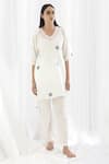 KHAT_White Handwoven Cotton Polka Pattern V Neck Short Tunic And Pant Set  _Online_at_Aza_Fashions