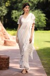 Tarini Vij_White Blouse Net And Satin Hand Pre-stitched Ruffle Skirt Saree & Set _Online_at_Aza_Fashions
