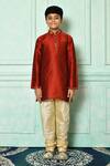 Petite Pomme_Red Silk Embroidery Plain Mandarin Collar Kurta  _Online_at_Aza_Fashions