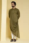 KUSTOMEYES_Green Cotton Drape Kurta And Pant Set _Online_at_Aza_Fashions