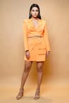 Ahi Clothing_Orange Imported Luxury Crepe Plain Notched Lapel Short Coat And Overlap Skirt Set _Online_at_Aza_Fashions