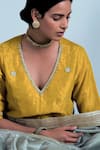 Shorshe Clothing_Yellow Handloom Tissue Hand Embroidered And Embellished Pearl V Neck Blouse _Online_at_Aza_Fashions